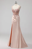 Blush Satin Sequin Corset Maxi Prom Dress with Appliques