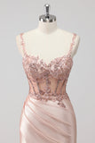 Blush Satin Sequin Corset Maxi Prom Dress with Appliques