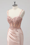 Blush Satin Sequin Corset Maxi Prom Dress with Appliques