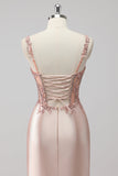 Blush Satin Sequin Corset Maxi Prom Dress with Appliques