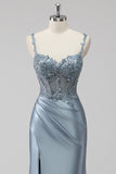Blush Satin Sequin Corset Maxi Prom Dress with Appliques