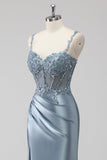 Blush Satin Sequin Corset Maxi Prom Dress with Appliques