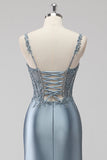 Blush Satin Sequin Corset Maxi Prom Dress with Appliques