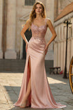 Blush Satin Sequin Corset Maxi Prom Dress with Appliques