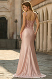 Blush Satin Sequin Corset Maxi Prom Dress with Appliques