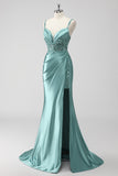 Green Sequin Mermaid Satin Maxi Prom Dress with Slit