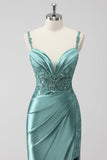 Green Sequin Mermaid Satin Maxi Prom Dress with Slit