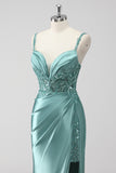 Green Sequin Mermaid Satin Maxi Prom Dress with Slit