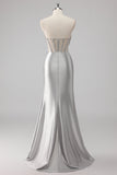 Grey Sparkly Beaded Mermaid Maxi Prom Dress with Slit