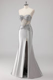 Grey Sparkly Beaded Mermaid Maxi Prom Dress with Slit