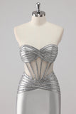 Grey Sparkly Beaded Mermaid Maxi Prom Dress with Slit