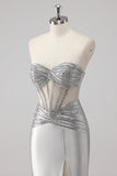 Grey Sparkly Beaded Mermaid Maxi Prom Dress with Slit
