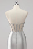 Grey Sparkly Beaded Mermaid Maxi Prom Dress with Slit