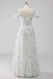 White Floral A Line Cold Shoulder Wedding Guest Dress with Slit