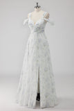 White Floral A Line Cold Shoulder Wedding Guest Dress with Slit