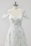 White Floral A Line Cold Shoulder Wedding Guest Dress with Slit