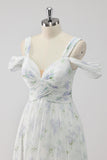 White Floral A Line Cold Shoulder Wedding Guest Dress with Slit