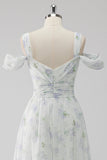 White Floral A Line Cold Shoulder Wedding Guest Dress with Slit