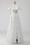 White Floral A Line Cold Shoulder Wedding Guest Dress with Slit