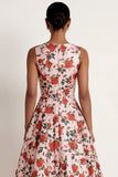 A Line Pink Red Floral Round Neck Long Formal Dress