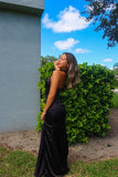Black Satin Halter Sheath Backless Long Formal Dress with Slit