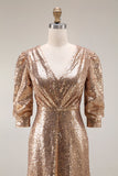 Sparkly Champagne Sequins Half Sleeves Long Formal Dress with Slit
