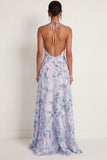 Light Purple Floral Halter Neck A Line Long Wedding Guest Dress with Cape