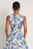 A Line Blue Daffodil Floral Round Neck Sleeveless Long Formal Dress