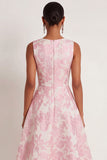 Jacquard A Line Ivory Pink Floral Round Neck Sleeveless Long Formal Dress