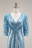 Sparkly Champagne Sequins Half Sleeves Long Formal Dress with Slit