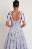Light Purple Floral Thick Straps High Low Wedding Guest Dress with Bow