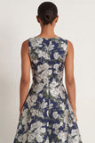 Floral Navy A Line Round Neck Long Formal Dress
