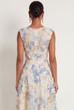 Light Blue A Line Floral Appliqued V Neck Sleeveless Long Wedding Guest Dress