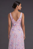 Lilac Floral A Line V Neck Embroidered Floral Long Formal Dress