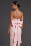 Pink Floral Jacquard Strapless Sheath Appliqued Long Formal Dress