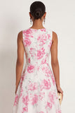White Fuchsia Floral A Line Round Neck Long Formal Dress