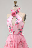 Blush Tiered Halter Keyhole Long Prom Dress with 3D Flower