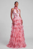 Blush Tiered Halter Keyhole Long Prom Dress with 3D Flower