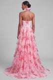 Blush Tiered Halter Keyhole Long Prom Dress with 3D Flower