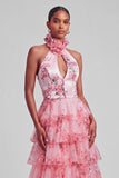 Blush Tiered Halter Keyhole Long Prom Dress with 3D Flower
