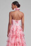 Blush Tiered Halter Keyhole Long Prom Dress with 3D Flower