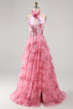 Blush Tiered Halter Keyhole Long Prom Dress with 3D Flower