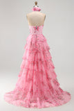 Blush Tiered Halter Keyhole Long Prom Dress with 3D Flower