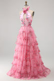 Blush Tiered Halter Keyhole Long Prom Dress with 3D Flower