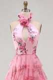 Blush Tiered Halter Keyhole Long Prom Dress with 3D Flower
