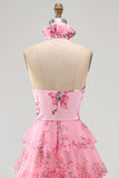 Blush Tiered Halter Keyhole Long Prom Dress with 3D Flower