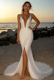 Sparkly Sequin Ivory Deep V-Neck Wedding Dress with Slit