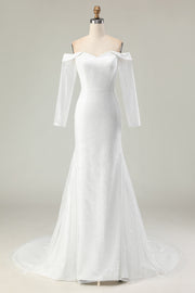 Sparkly Ivory Mermaid Off the Shoulder Sequins Wedding Dress with Sleeves