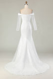 Ivory Mermaid Off the Shoulder Wedding Dress with Long Sleeves