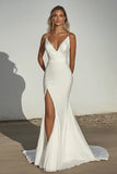 Ivory Spaghetti Straps Matte Satin Mermaid Wedding Dress with Slit